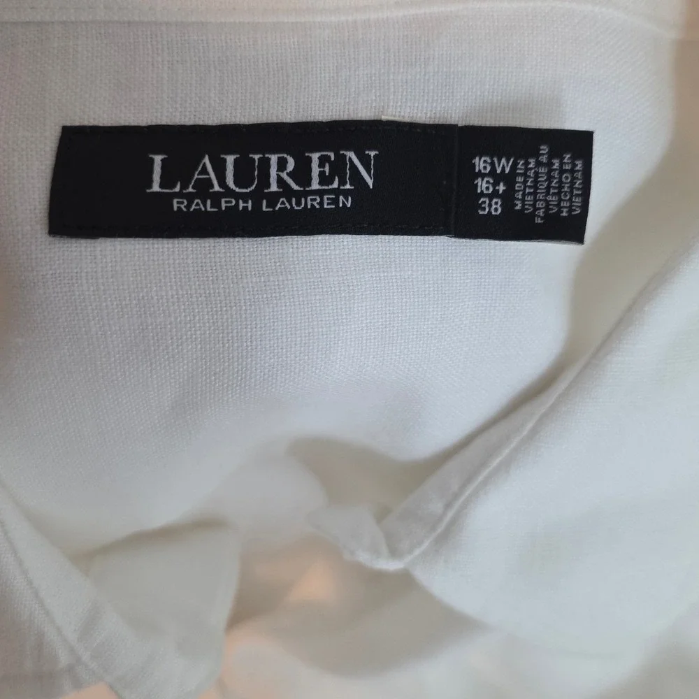 Lauren Ralph Lauren Tie Front Linen Shirtdress White Midi Short Sleeve 16W - Picture 7 of 12